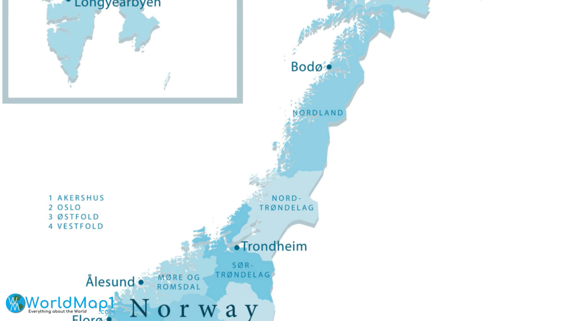 Norway Map with Trondheim and Bodo